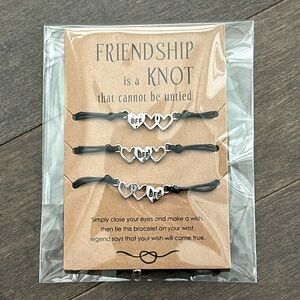 Best Friend 3pc BFF Bracelet Set, Bestie Gift, Silver Black Cord Jewellery Heart